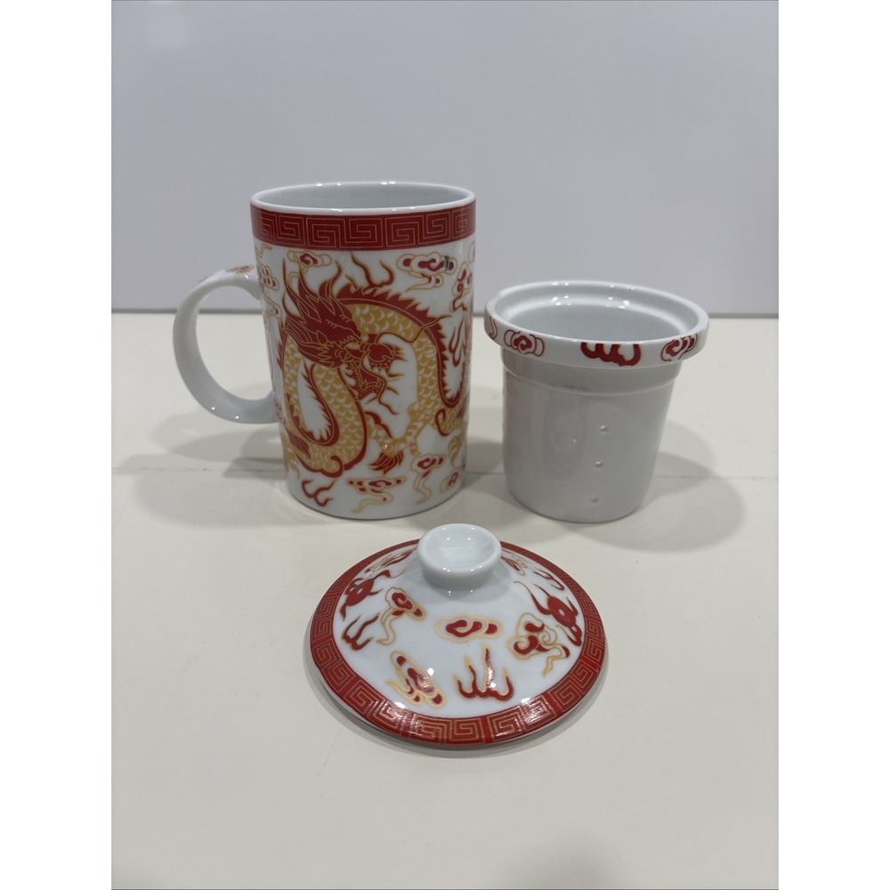Asian Dragon Design 3 piece Mug & Tea Strainer